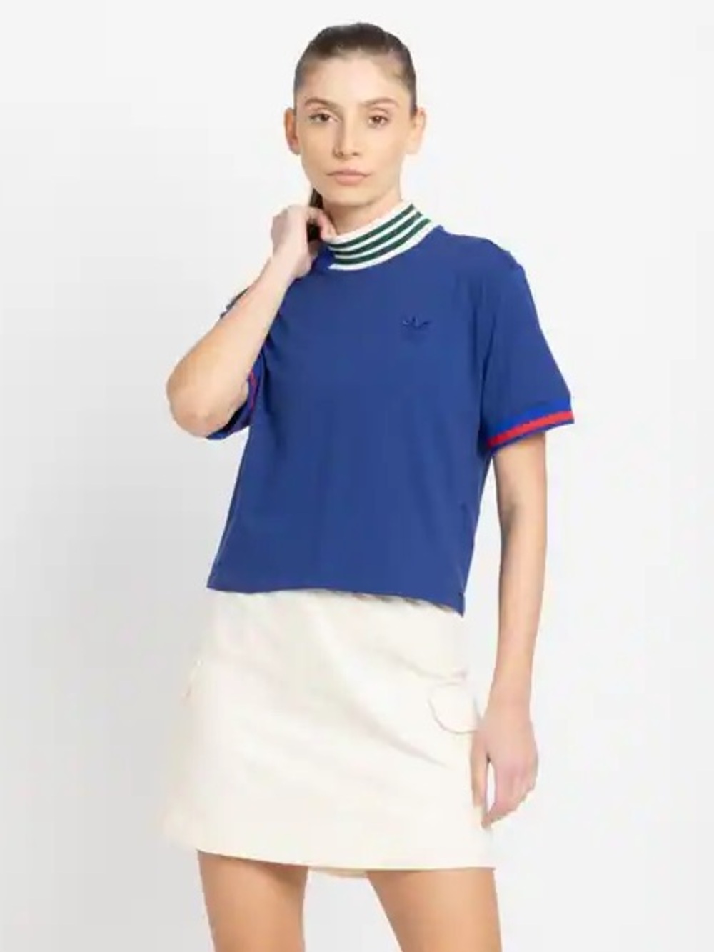 adidas Blue Short-Sleeve Tee with Striped Mock Neck